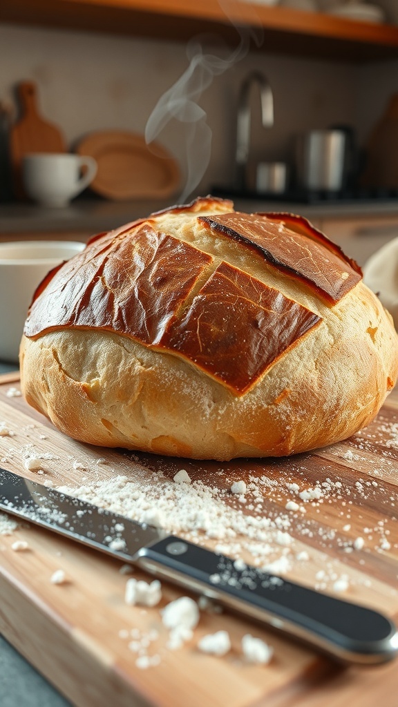 A golden-brown artisan bread loaf on a wooden board, with steam rising and a bread knife nearby.